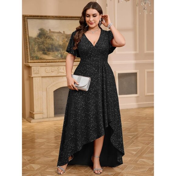 Women's Black Formal Maxi Dress Glitter V Neck High Low Hem Ruched Dresses - Picture 4 of 6